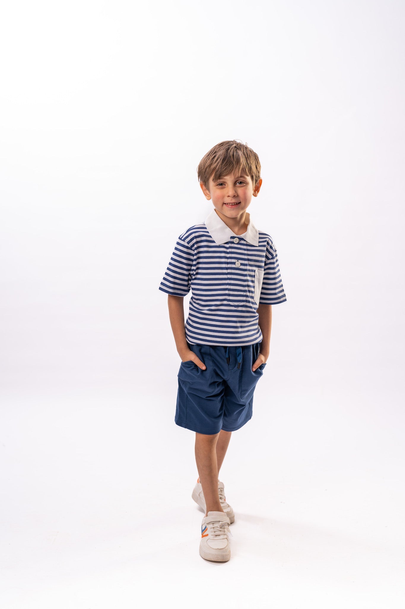 Boy's Striped Half Sleeve Polo in Blue