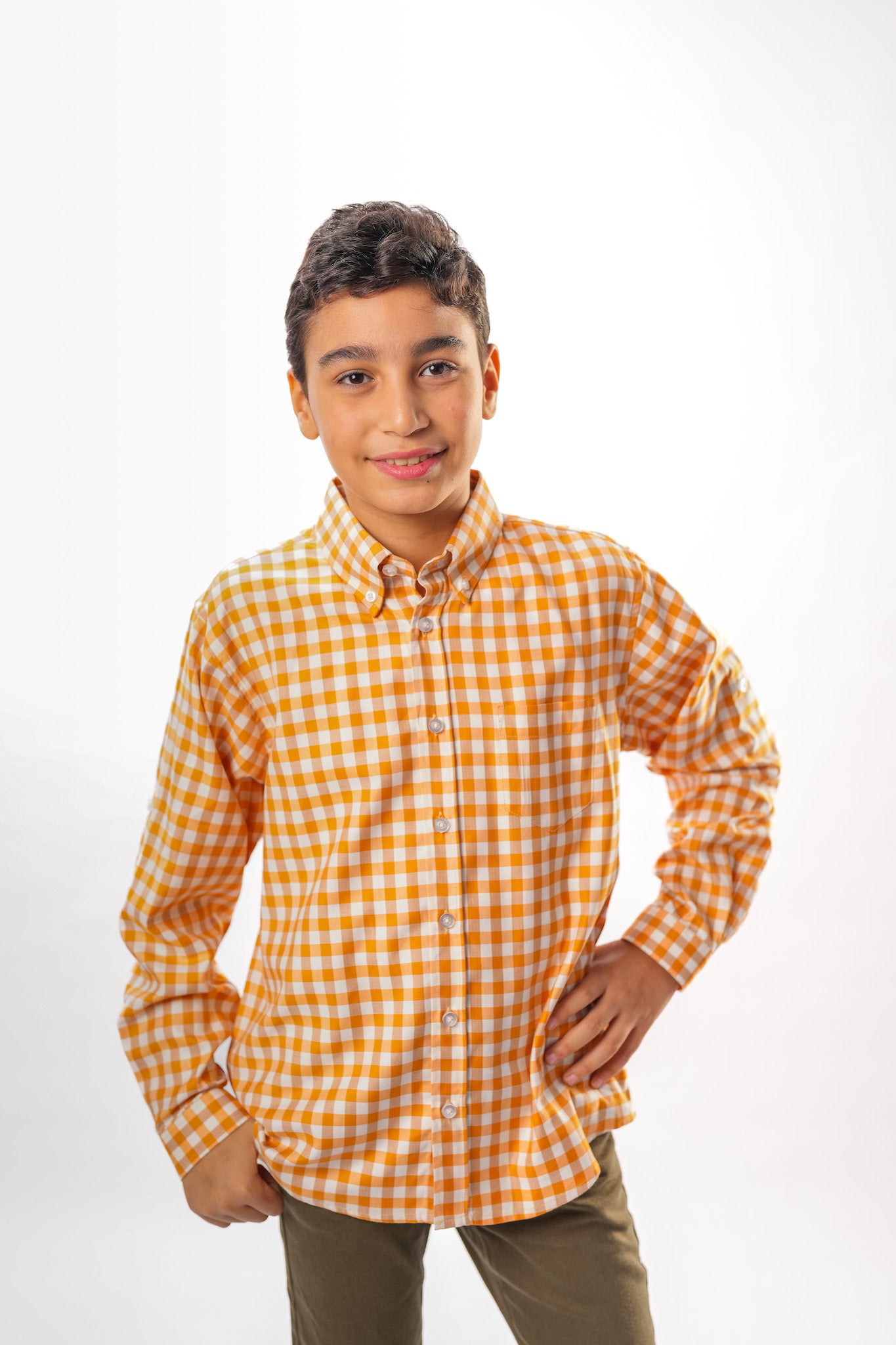 Boy's Mustard Yellow Checkered Long Sleeve Shirt