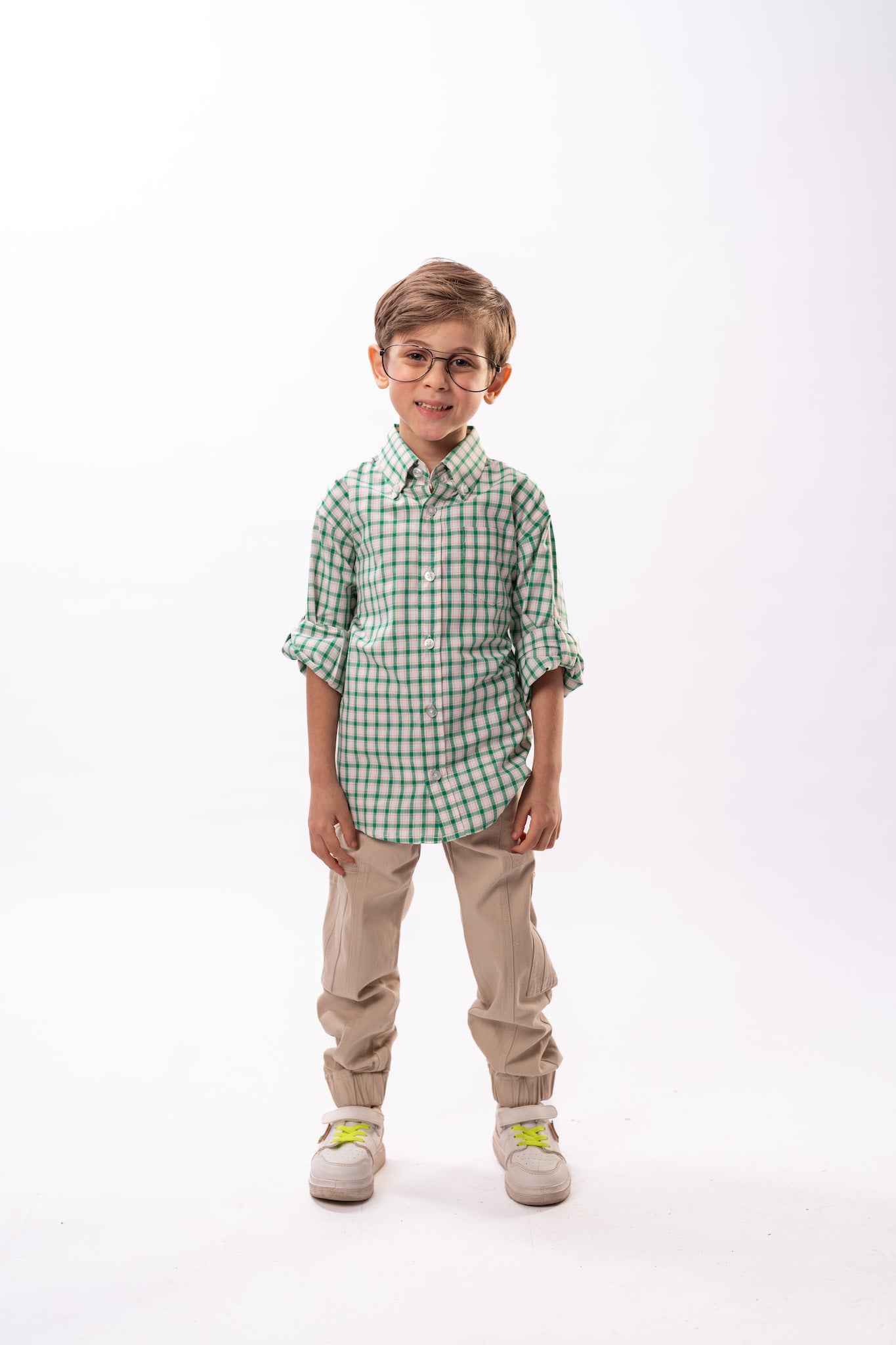 Boy's Green Checkered Long Sleeve Shirt